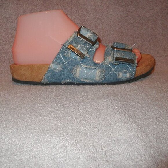 Minnetonka Patchwork Denim Sandals Size 7 Slide Fringe Slip On Boho Grunge 90s - Picture 4 of 9